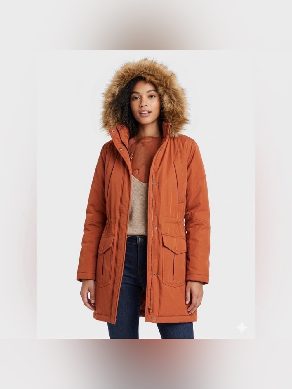 Women’s Universal Thread Burnt Orange Parka Fur Hood Sz L Water Resistant Fall